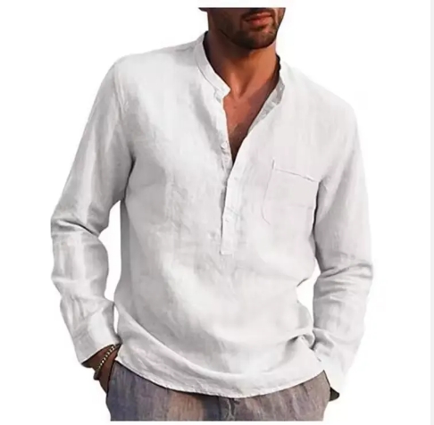 Men's Long Sleeve V-neck Casual Beach Linen Shirt