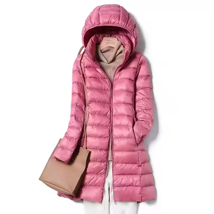 Best Selling Womens Long Thin Eiderdown Slim Hooded Parka Female Portable White Duck Down Jacket