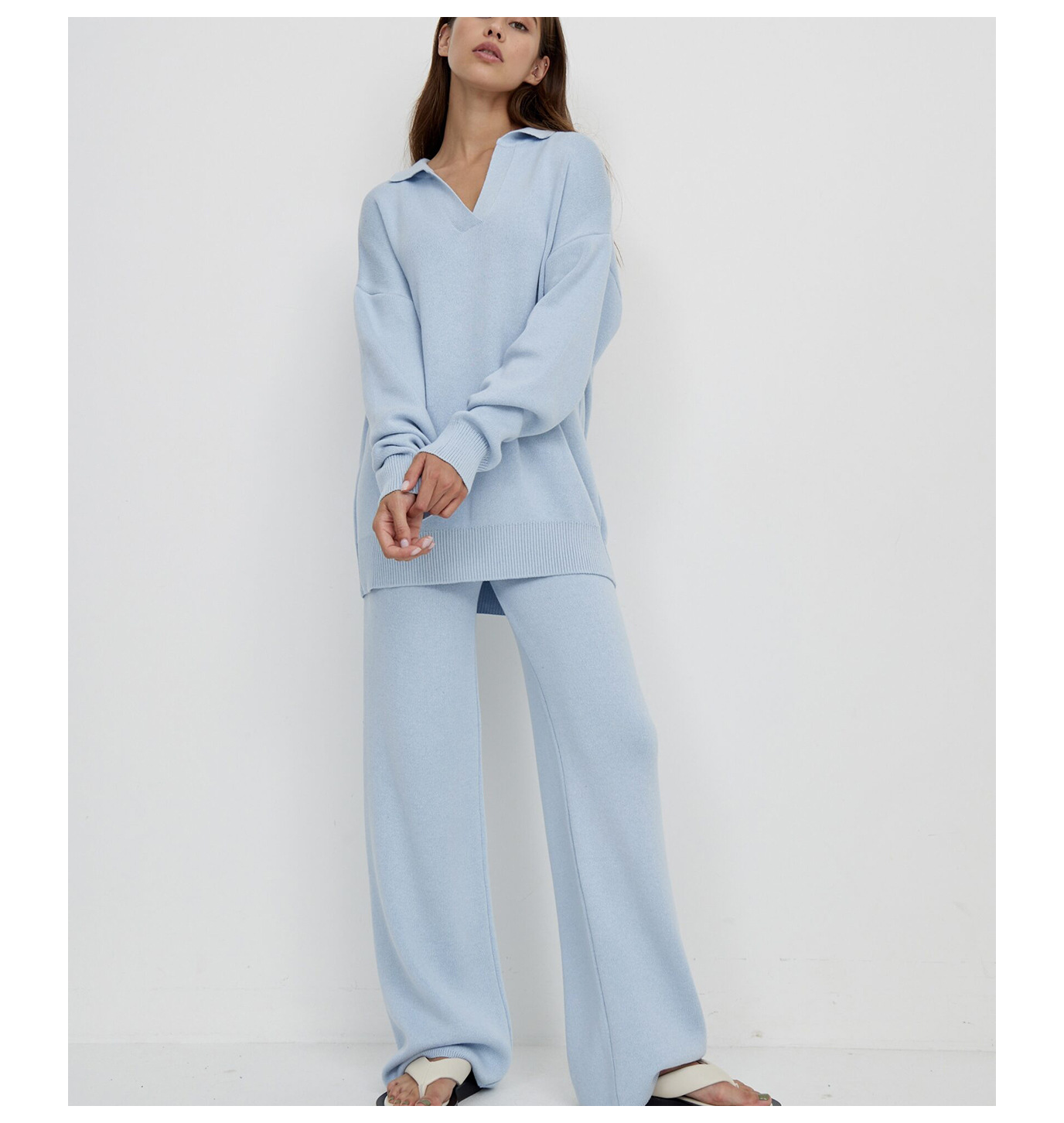 Fashion Casual knitted suit women's European and American Polo neck loose sweater Pullover two-piece